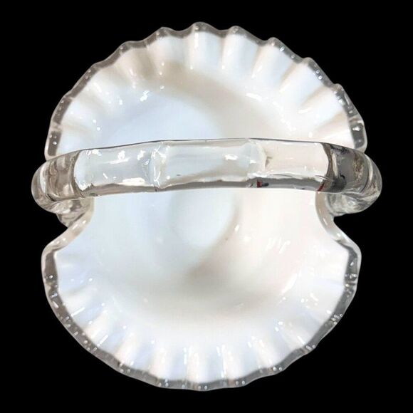 Fenton Silver Crest Reed White Milk Glass Ruffled Basket With Clear Handle Vtg - Picture 4 of 8